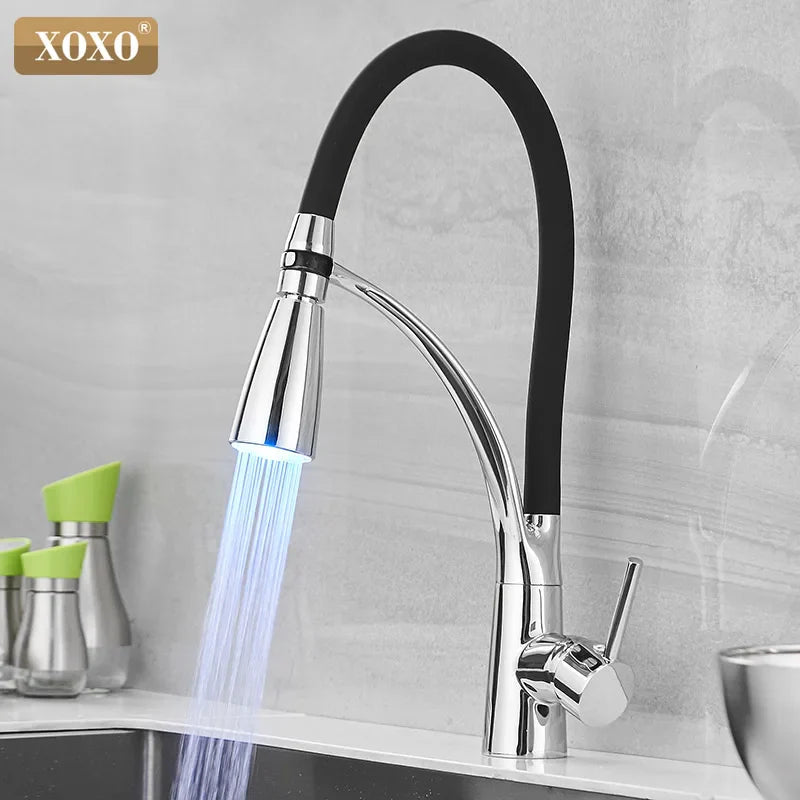 Afralia™ XOXO LED Kitchen Faucet Hot Cold Pull Down Chrome Black Mixer Tap Smart Single Handle