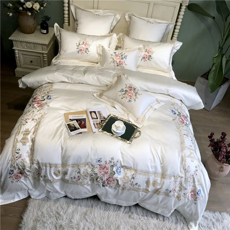 Afralia™ Luxury Flowers Embroidery Bedding Set, White, 100S, 4Pcs, 7Pcs