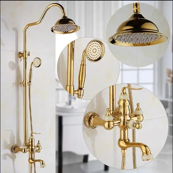 Afralia™ Golden Brass & Jade Bath Shower Set - Wall Mounted Rainfall & Hand shower