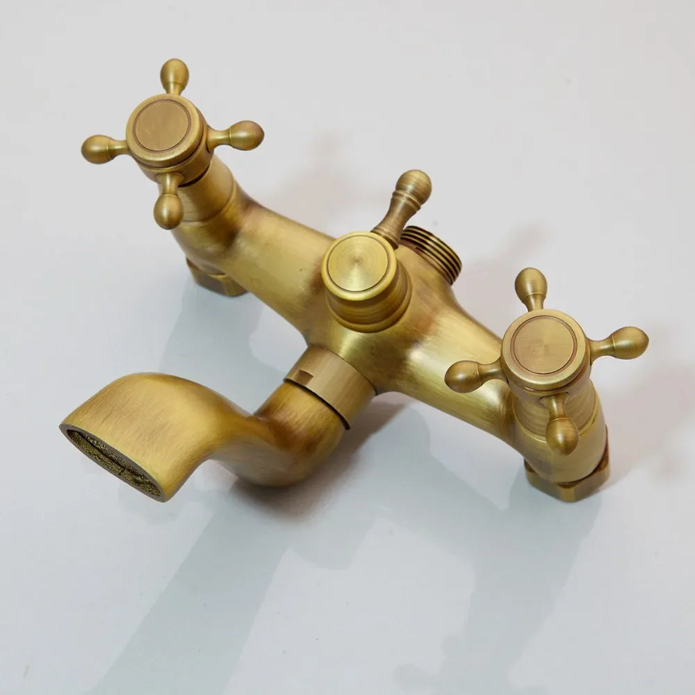 Afralia™ Antique Brass Bathroom Shower Set with Hand Shower, Mixer Taps, Double Handles