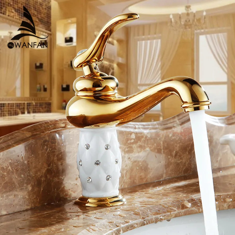 Afralia™ Gold Brass Diamond Basin Faucet Single Handle Hot & Cold Mixer Tap