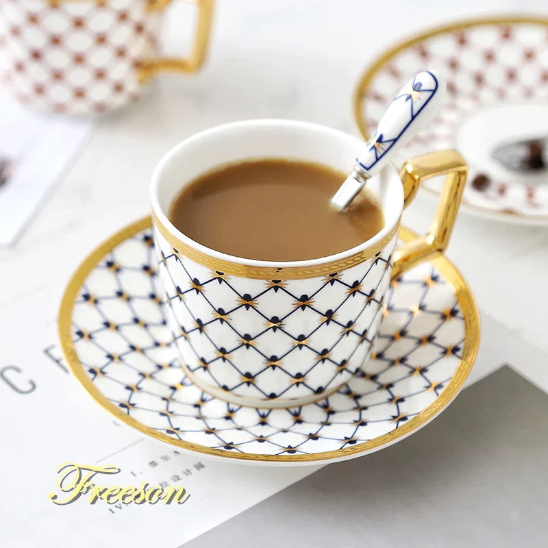 Afralia™ 3-Piece Bone China Coffee Set 200ml Nordic Gold Porcelain Tea Cup