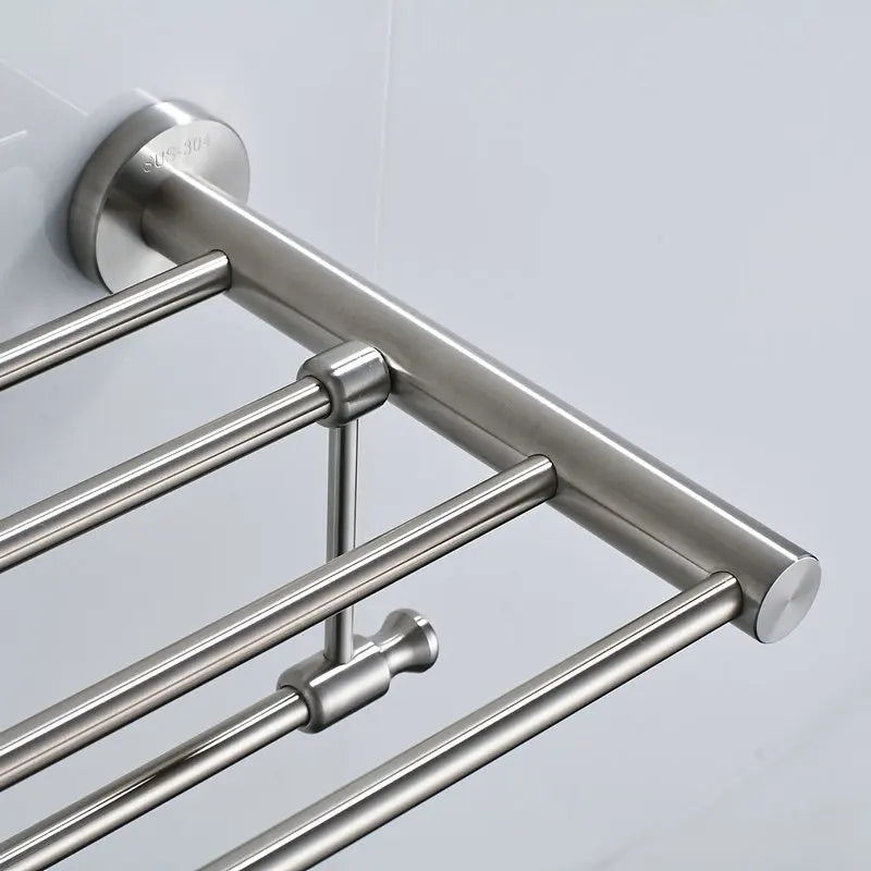 Afralia™ Wall Mounted Folding Brushed Nickel Towel Rail Holder Shelf Bar Hanger