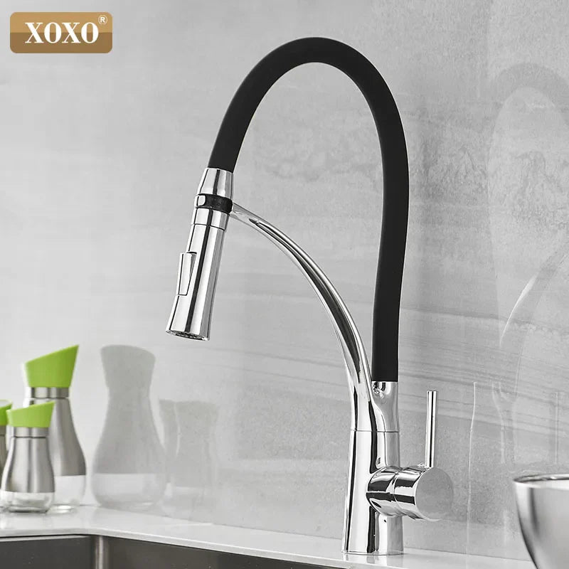 Afralia™ XOXO LED Kitchen Faucet Hot Cold Pull Down Chrome Black Mixer Tap Smart Single Handle