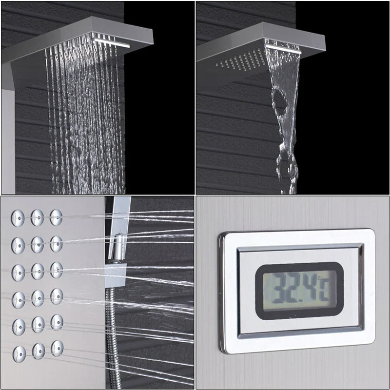 Afralia™ Brushed Nickel Thermostatic Waterfall Rain Shower Panel with 3 Handles