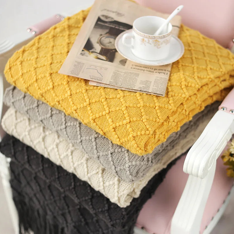 Afralia™ Knitted Throw Blanket Grey Yellow Black Grey Sofa 130x170cm Diamond Acrylic