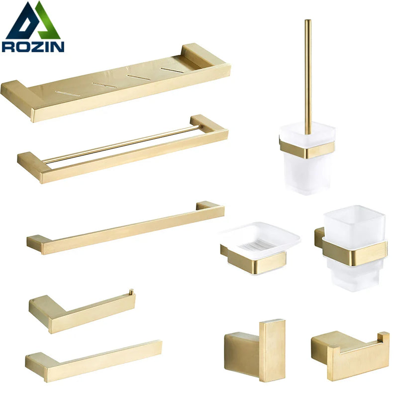 Afralia™ Brushed Gold Stainless Steel Bathroom Accessory Set: TP Holder, Towel Bar, Storage Shelf