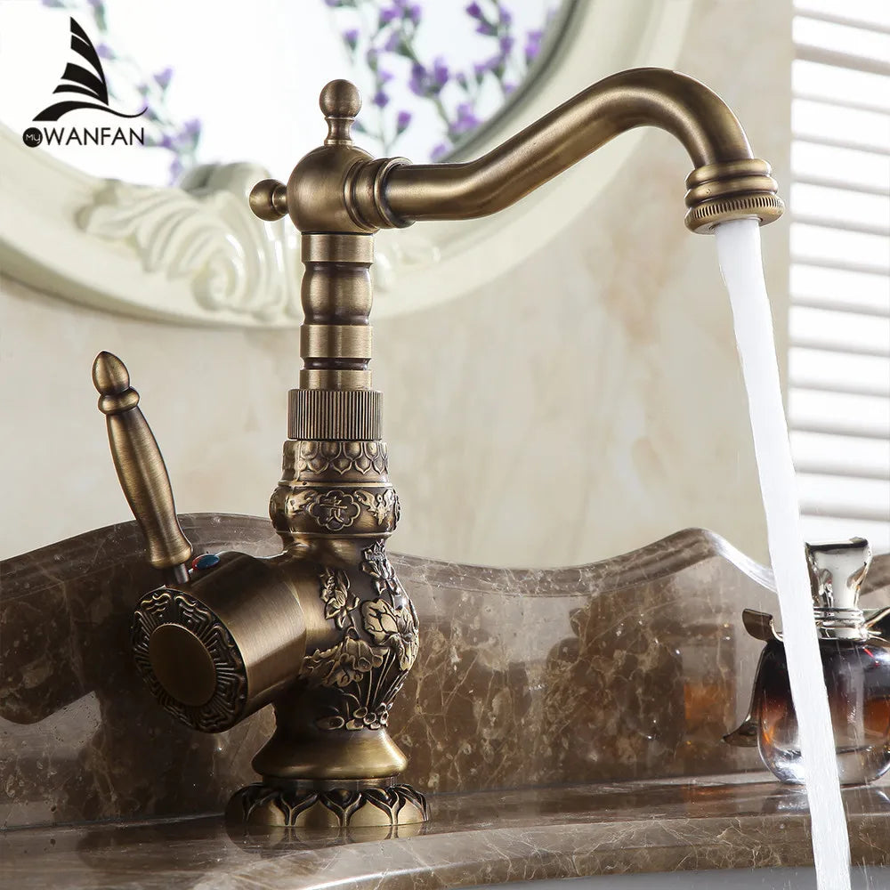 Afralia™ Antique Brass Basin Faucet with Single Handle Hot/Cold Mixer Taps Rotation AL-9966F