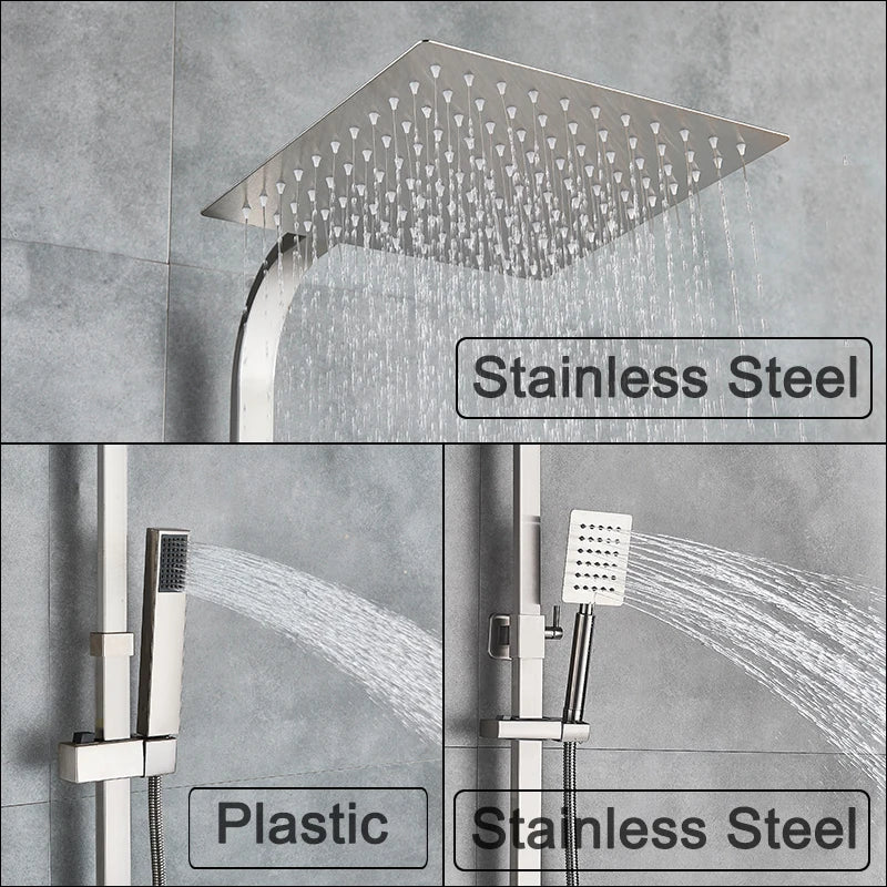Afralia™ Brushed Nickel Rain Shower System with Square Hand Shower Mixer