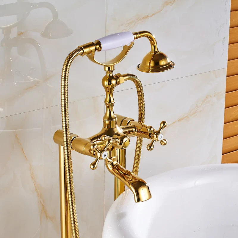 Afralia™ Gold Tub Sink Faucet with Handshower - Freestanding Bath Mixer Tap