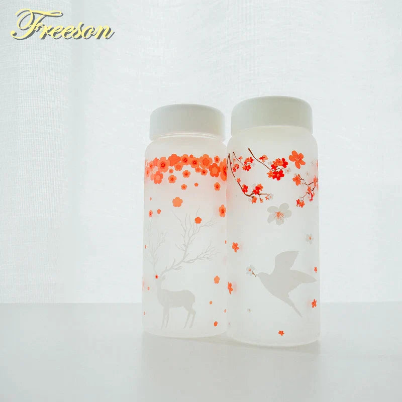 Afralia™ 430ml Swallow Frost Glass Water Bottle with Sleeve, Elk Design