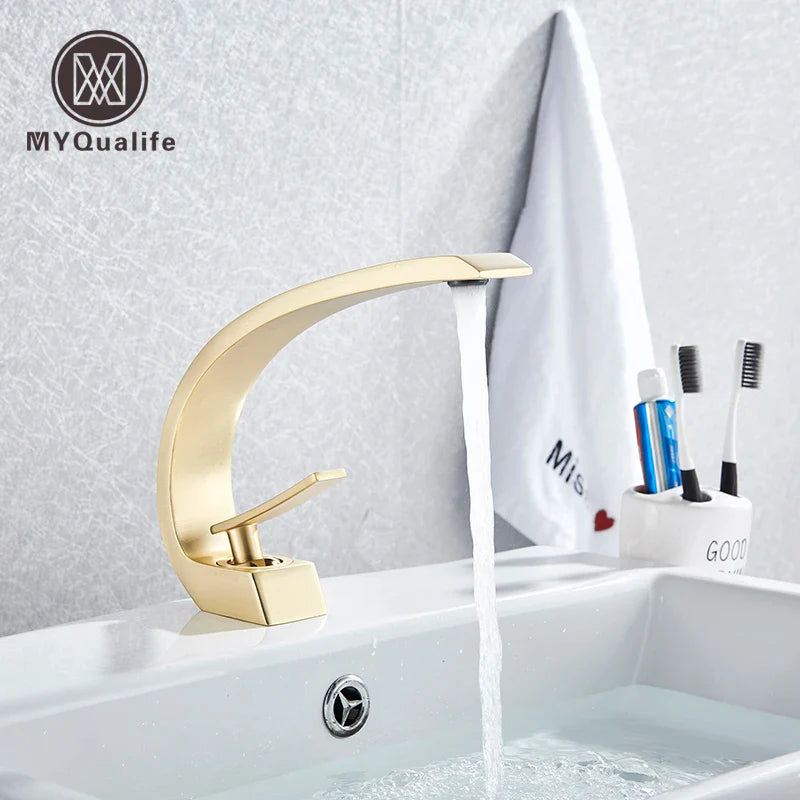 Afralia™ Brushed Gold Basin Faucet, Deck Mounted Wash Basin Mixer for Bathroom