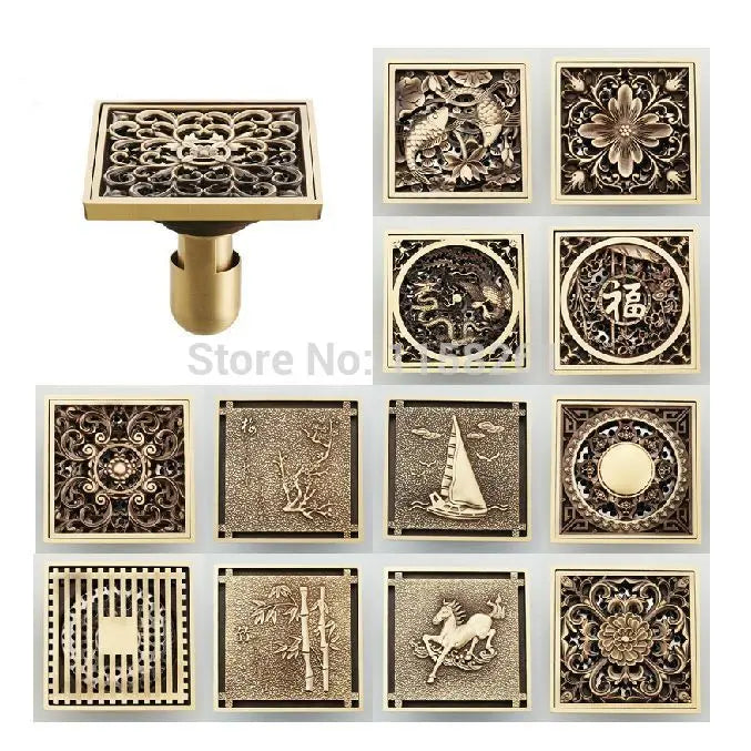 Afralia™ Antique Brass Shower Drain Cover Euro Art Carved Bathroom Strainer