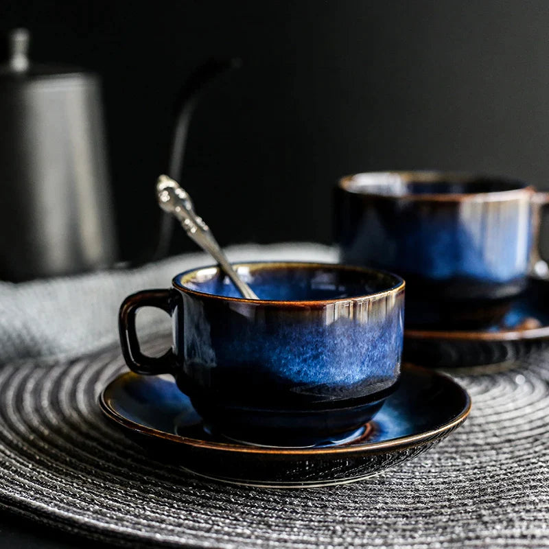 Afralia™ Deep Blue Ceramic Espresso Coffee Cup Saucer Set