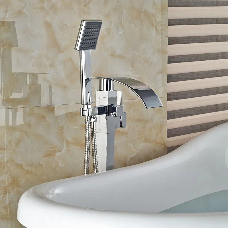 Afralia™ Chrome Finish Floor Mounted Bathtub Faucet Set with Hand Shower and Waterfall Spout