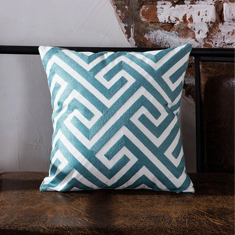 Afralia™ Blue Geometric Embroidered Canvas Cotton Cushion Cover 45x45cm