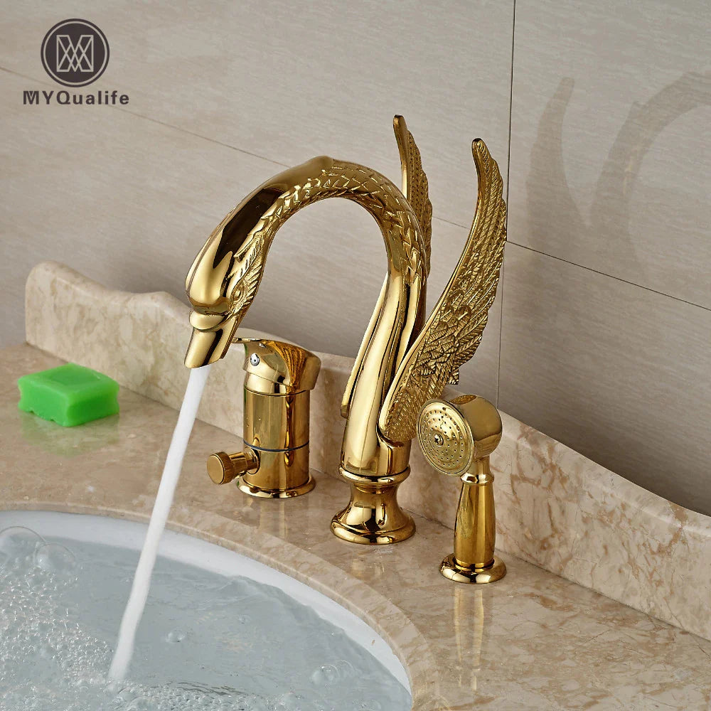 Afralia™ Swan Bathtub Faucet Deck Mount with Handheld Shower - Golden Finish