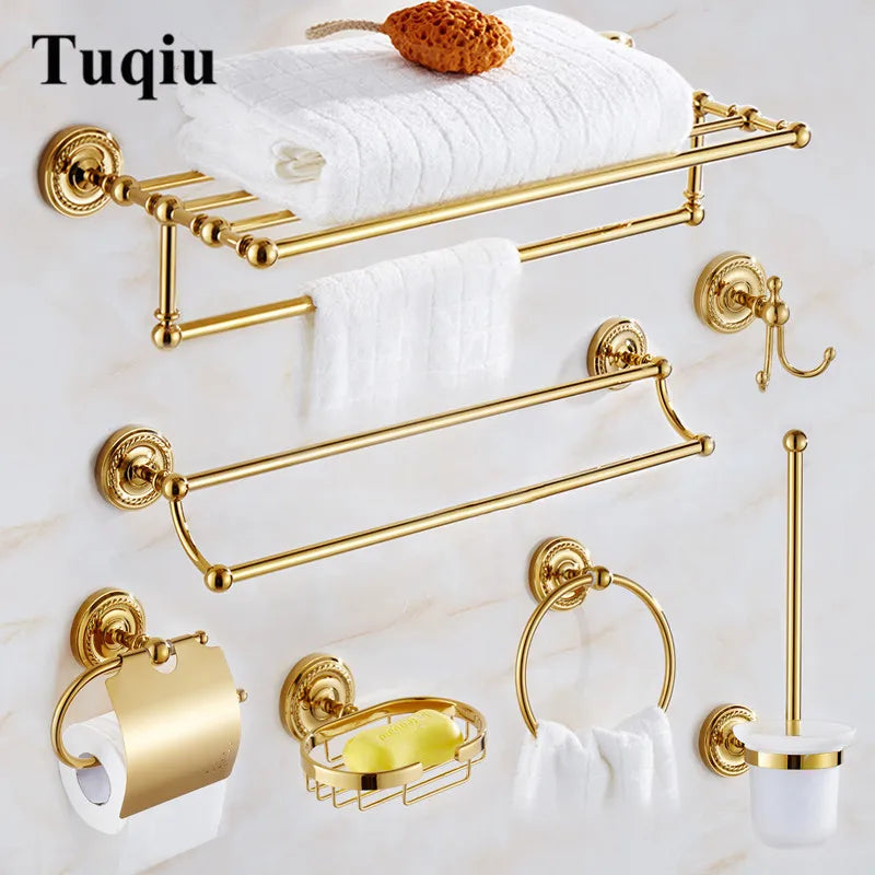 Afralia™ Brass Gold Bathroom Hardware Set: Towel Rack, Paper Holder, Toilet Brush, Hooks, Towel Ring