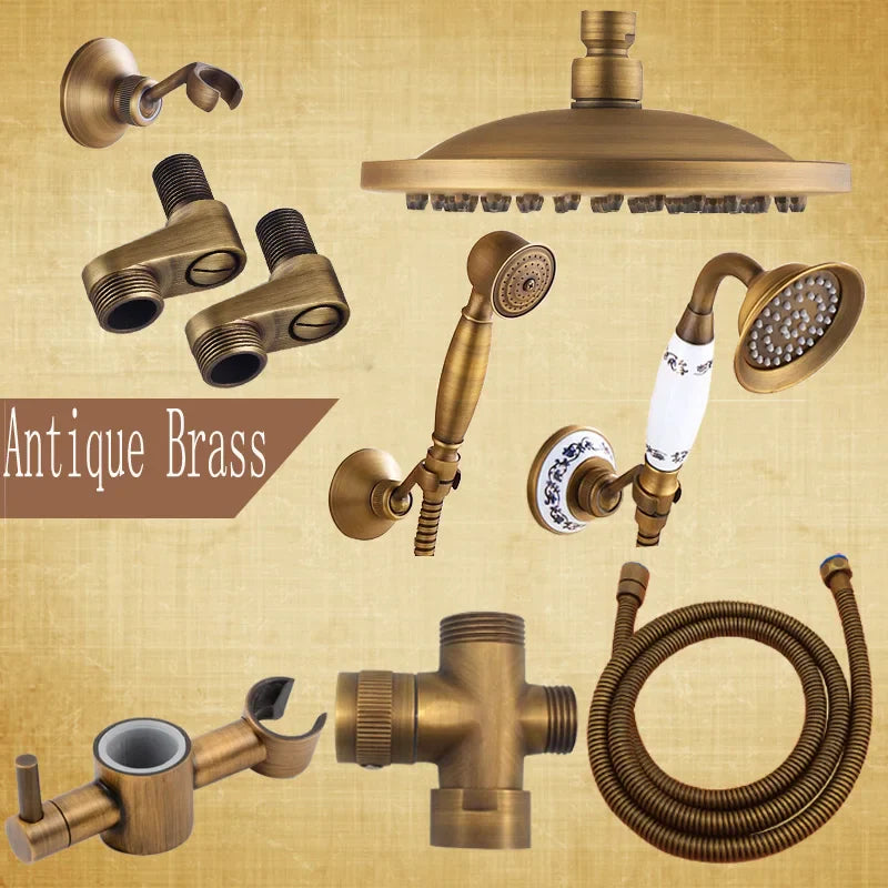 Afralia™ Antique Brass Shower Set: 8" Rain Head, Hand Shower, Hose, Angle Valve, Bracket