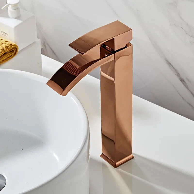 Afralia™ Rose Gold Basin Faucet Waterfall Single Handle Bathroom Sink Wash Tap