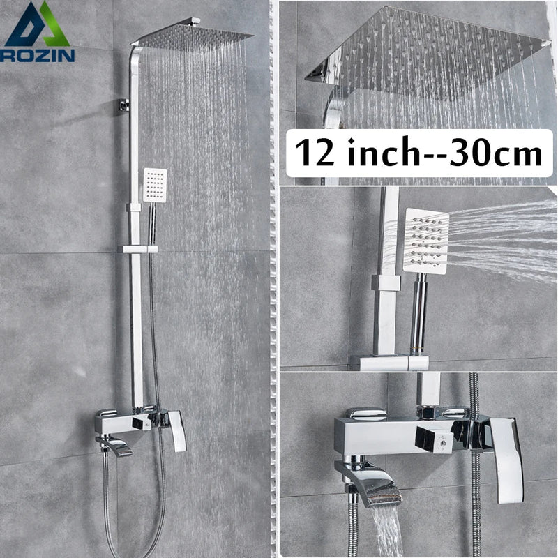 Afralia™ Chrome Shower Faucet System with Rainfall Head and Waterfall Tub Spout