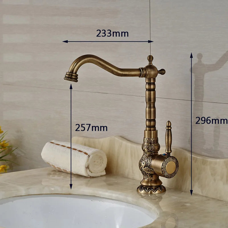 Afralia™ Antique Brass Bathroom Sink Faucet Mixer, Single Handle Hot Cold Water Tap