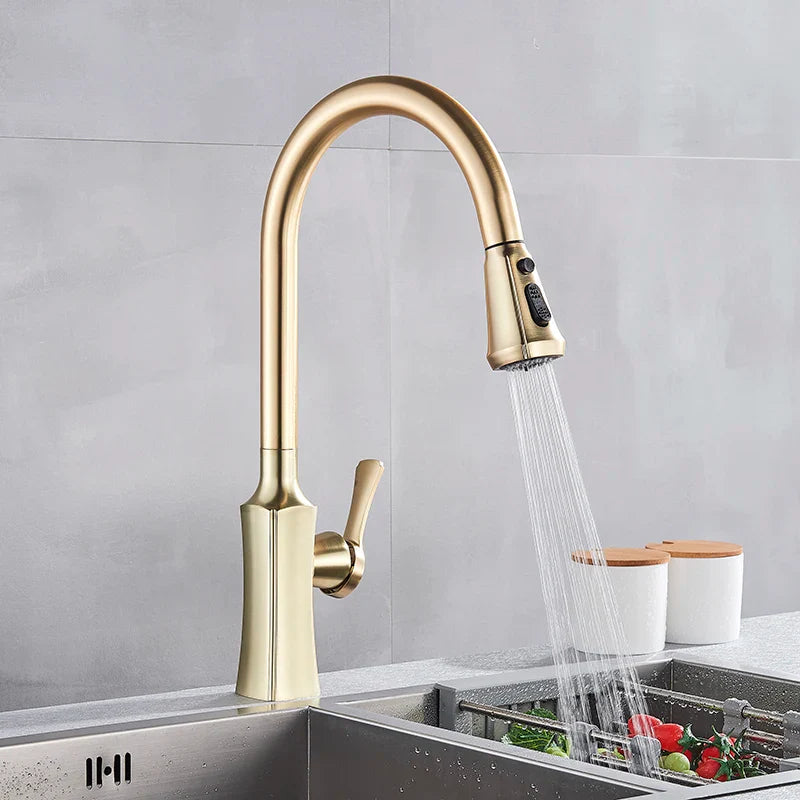 Afralia™ Brushed Gold Kitchen Faucet Hot Cold Water Mixer Pull Out Spout Brass