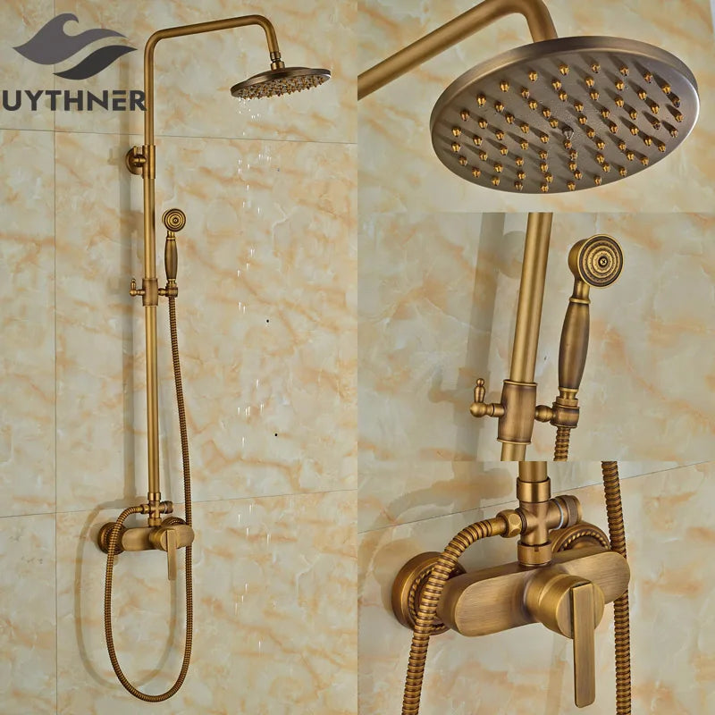 Afralia™ Antique Brass Wall Mount Shower Faucet with Hand Shower, 8" Rain Shower Head