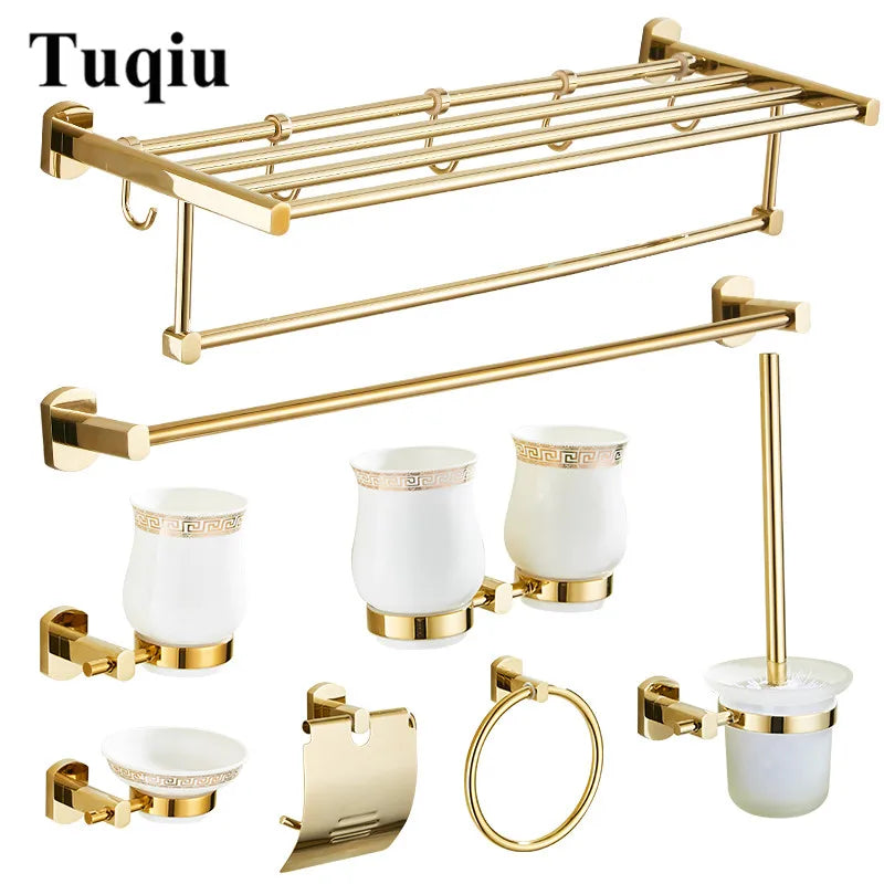 Afralia™ Gold Brass Bath Hardware Set: Towel Rack, Paper Holder, Toilet Brush Holder, Towel Ranger, Hooks