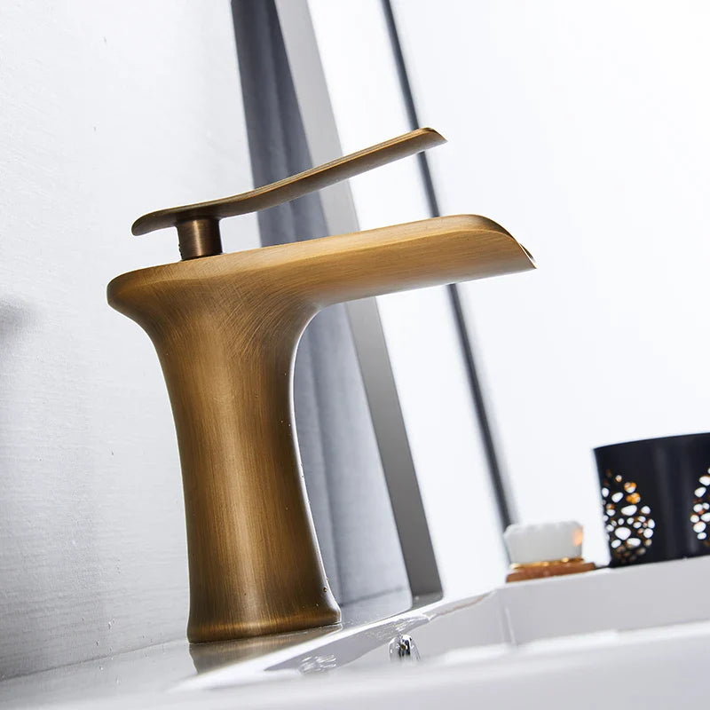 Afralia™ Waterfall Bathroom Faucet Antique Brass Basin Mixer Tap Silver Chrome Finish