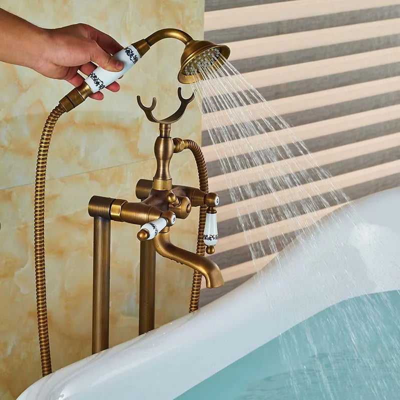 Afralia™ Dual Ceramic Handle Freestanding Tub Faucet with Handshower