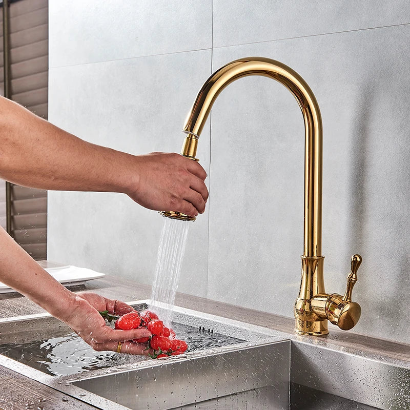 Afralia™ Gold Brass Kitchen Faucet Rotatable Mixer Tap Single Handle Hot&Cold Water