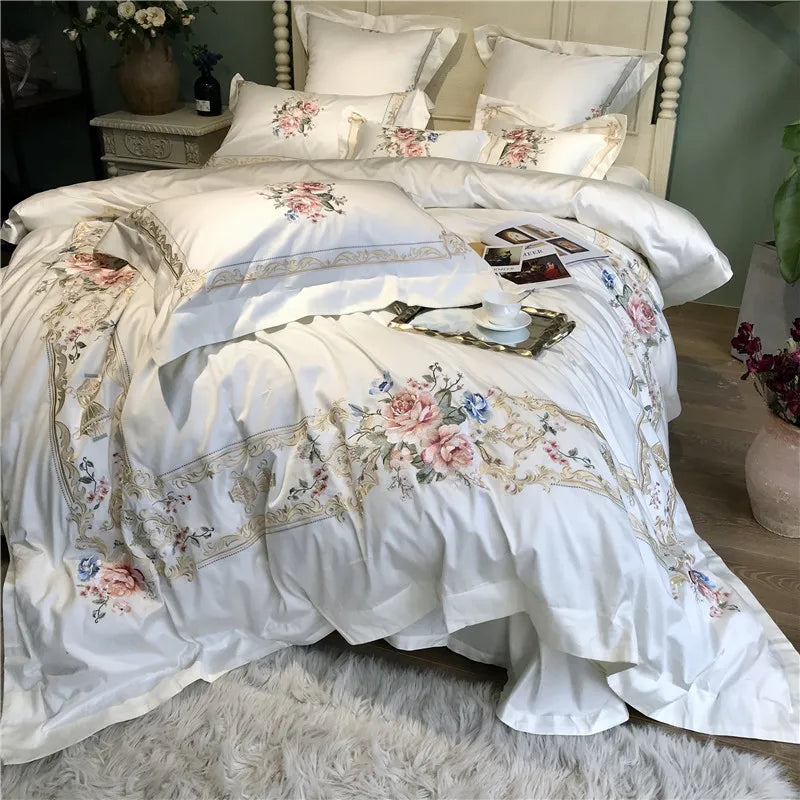 Afralia™ Luxury Flowers Embroidery Bedding Set, White, 100S, 4Pcs, 7Pcs