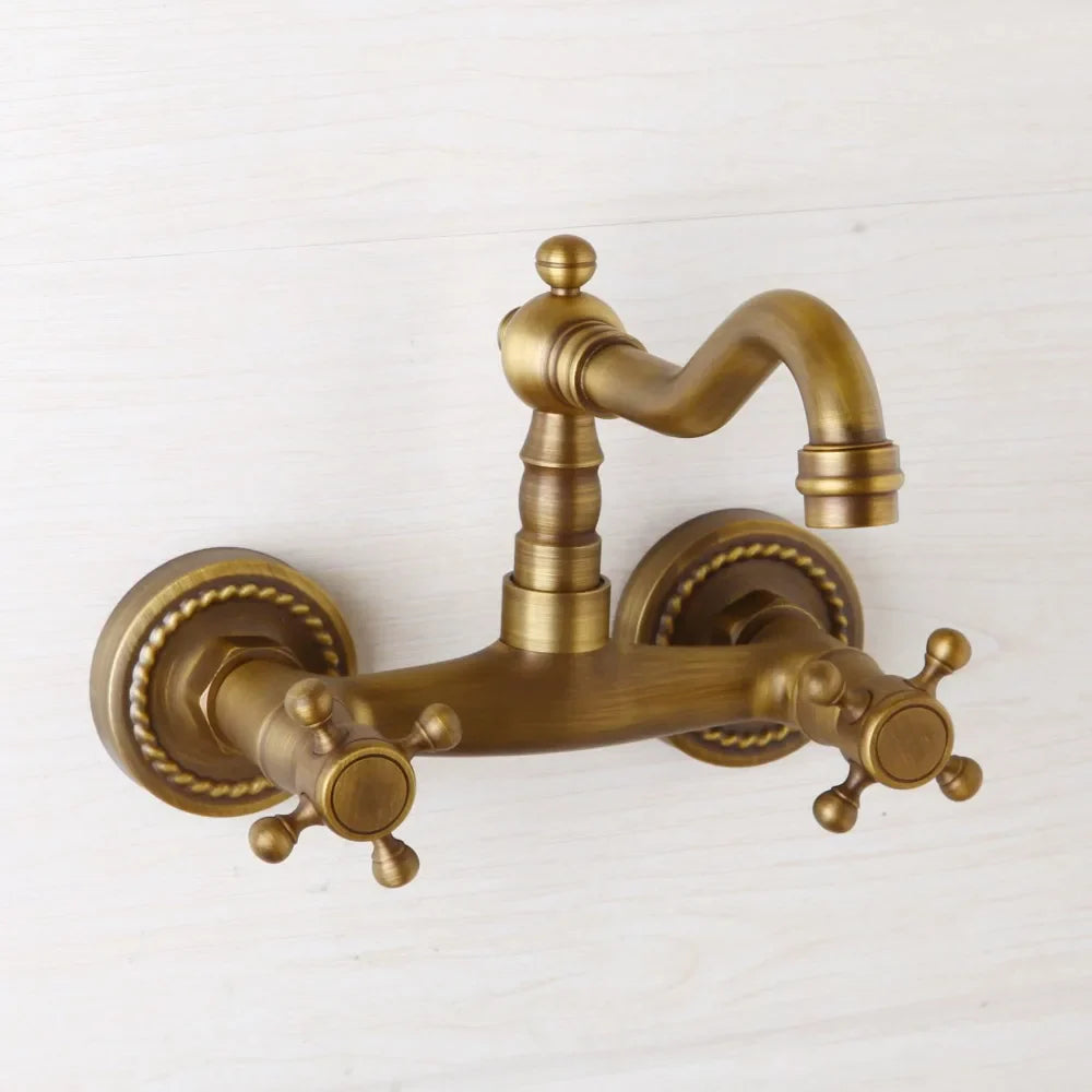 Afralia™ Antique Brass Wall Mounted Shower Faucet Hot Cold Mixer Faucet