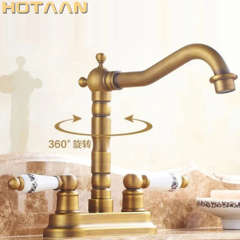 Afralia™ Antique Brass Dual Hole Basin Faucet Mixer Tap for Bathroom Sink