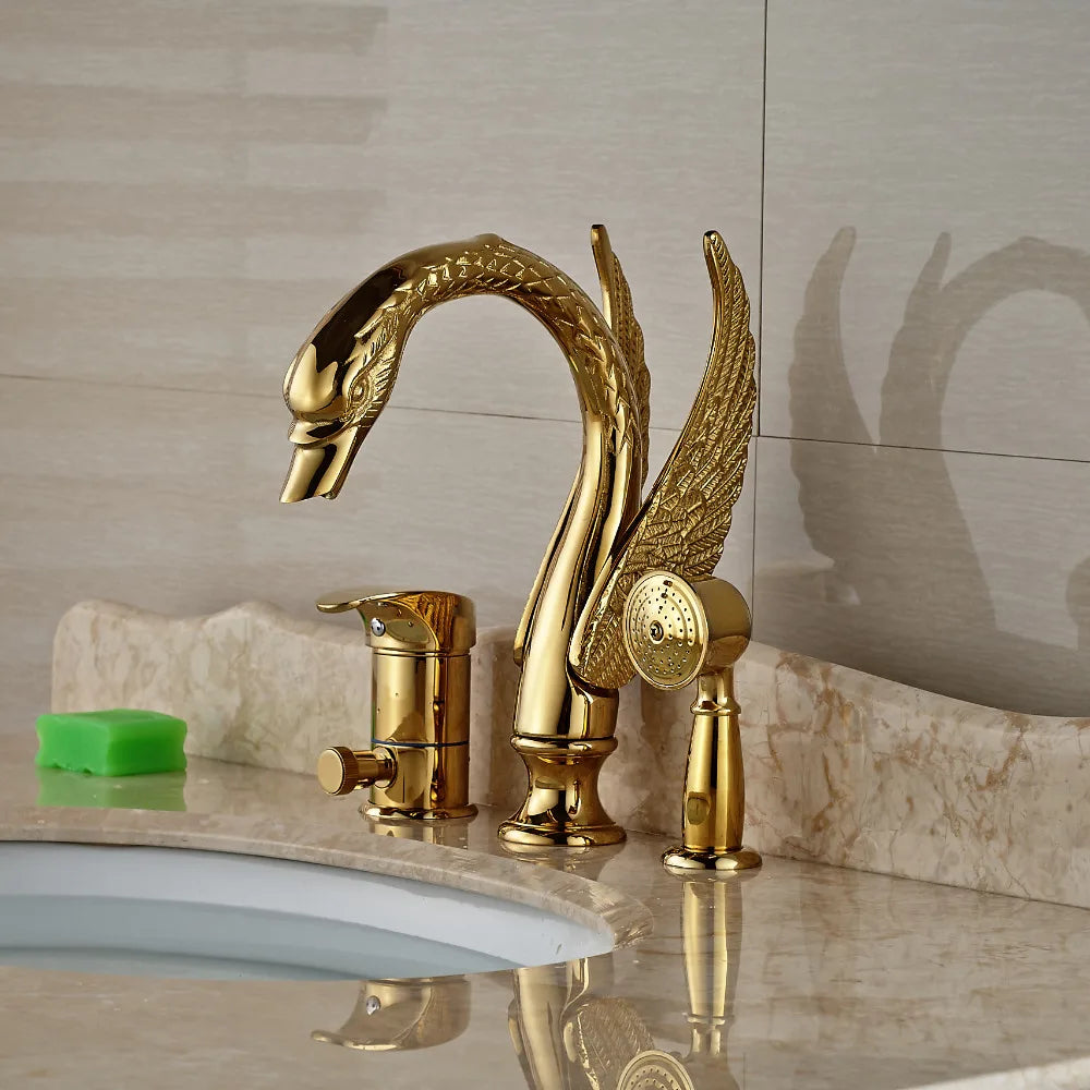 Afralia™ Swan Bathtub Faucet Deck Mount with Handheld Shower - Golden Finish