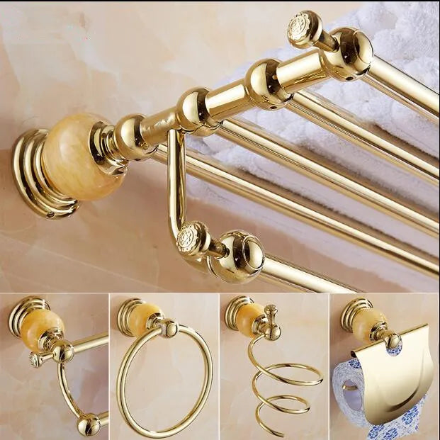 Afralia™ Brass & Jade Gold Bathroom Accessories Set: Paper Holder, Towel Bar, Soap Basket