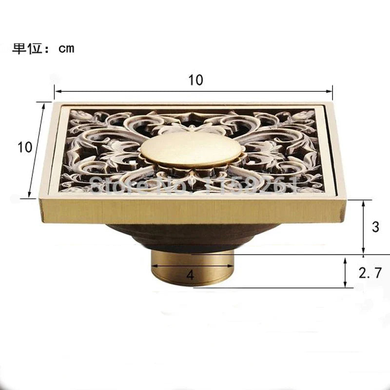 Afralia™ Antique Brass Shower Floor Drain 10cm Square Waste Strainer Cover Grate