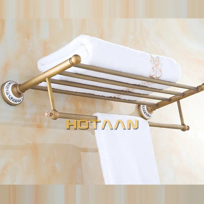 Afralia™ Brass Bathroom Towel Rack, Antique Brass Towel Holder, 60cm Corner Bath Shelf