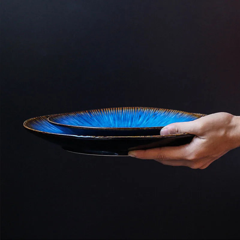 Afralia™ Ceramic Cat Eye Blue Pasta Plate - Round Steak Dish for Western Style Food