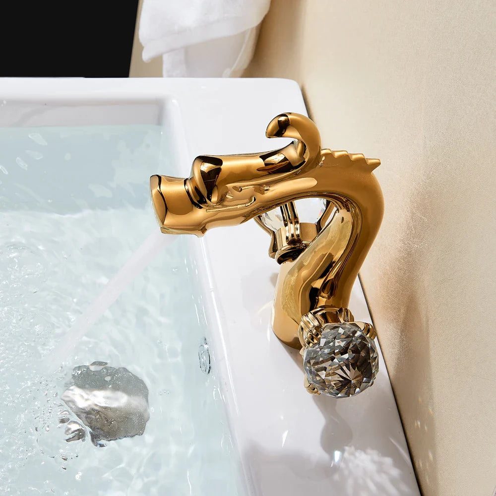 Afralia™ Chinese Dragon Crystal Handle Basin Faucet Dual Hot Cold Deck Mounted Sink