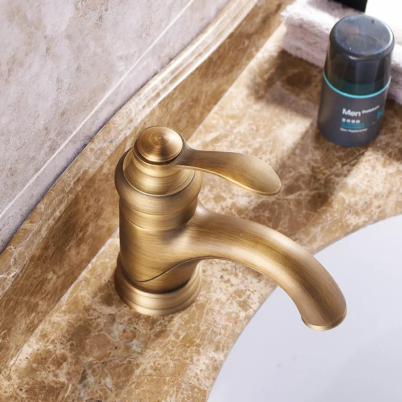 Afralia™ Antique Brass Basin Faucet Single Handle Deck Mounted Bathroom Sink Hot Cold Mixer