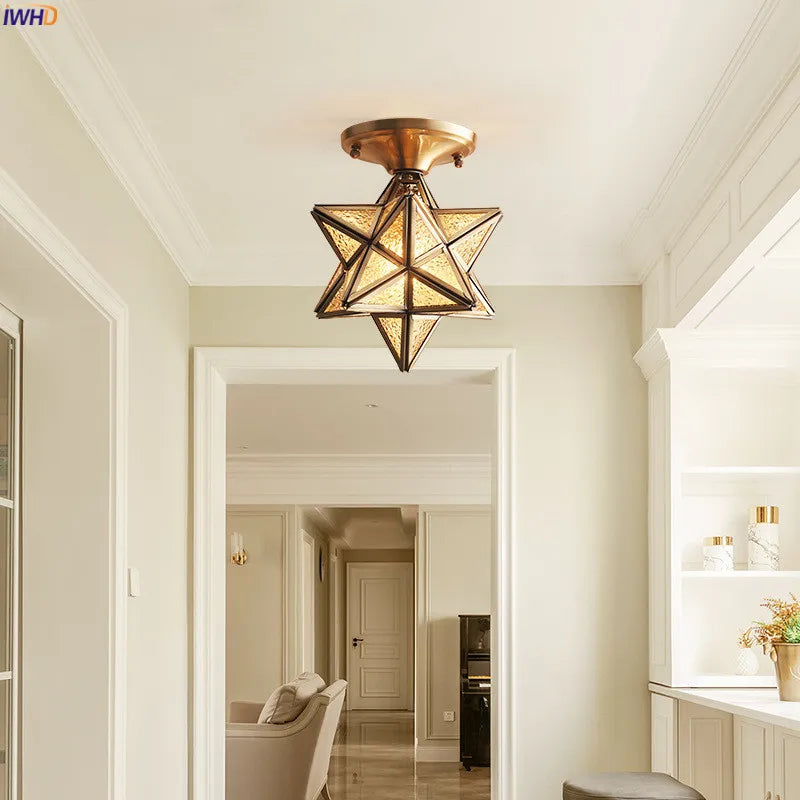 Afralia™ Vintage Star Copper Glass Ceiling Lamp LED Lighting fixture for Kitchen, Hallway, Balcony, Porch.