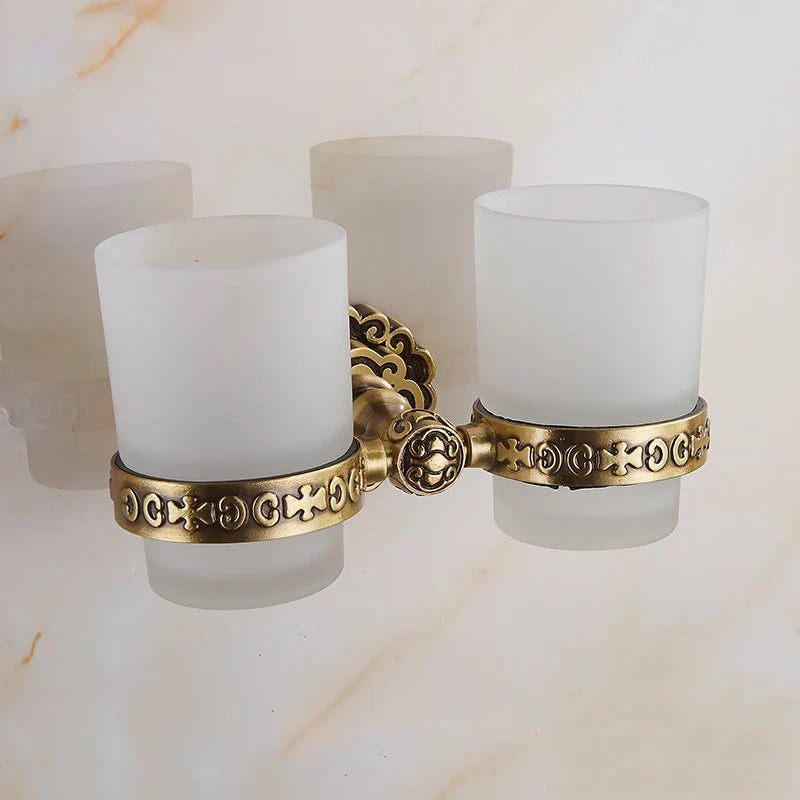 Afralia™ Brass Antique Glass Cup Holder Set Luxury Bathroom Accessories