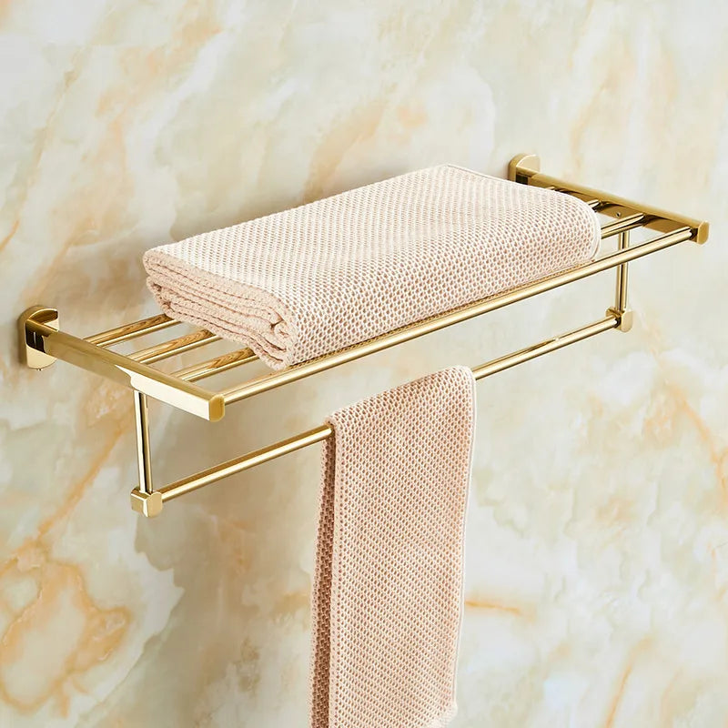 Afralia™ Gold Brass Bath Hardware Set: Towel Rack, Paper Holder, Toilet Brush Holder, Towel Ranger, Hooks