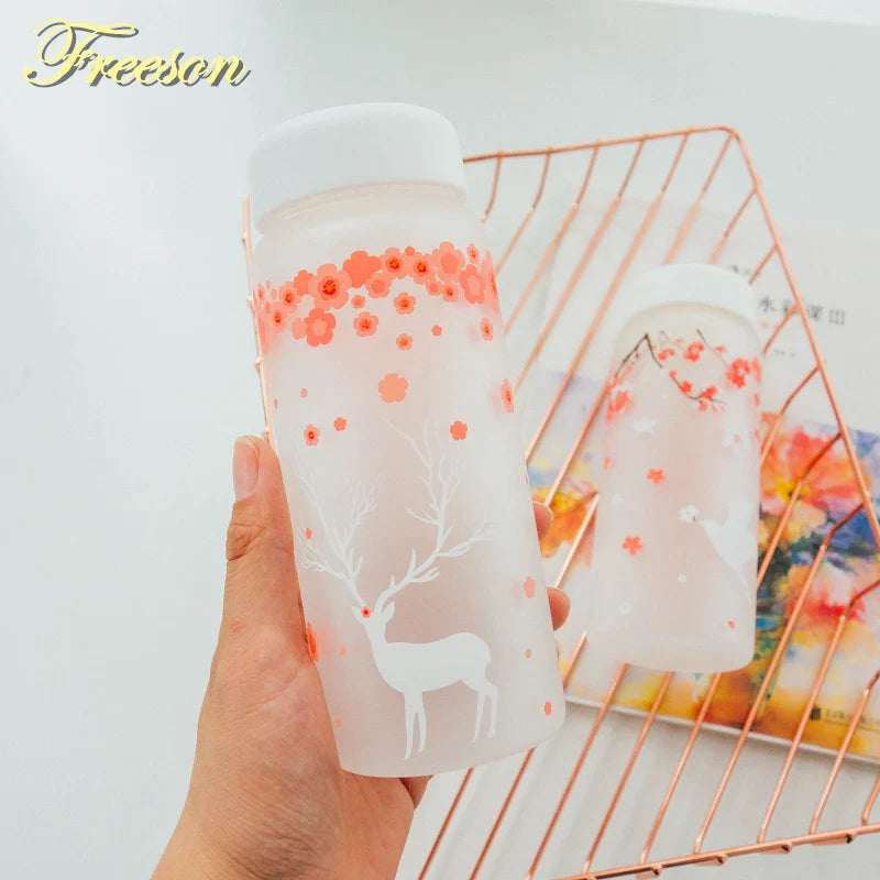 Afralia™ 430ml Swallow Frost Glass Water Bottle with Sleeve, Elk Design