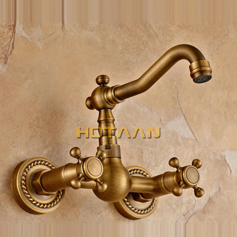 Afralia™ Antique Brass Wall Mounted Swivel Kitchen Faucet Mixer Tap