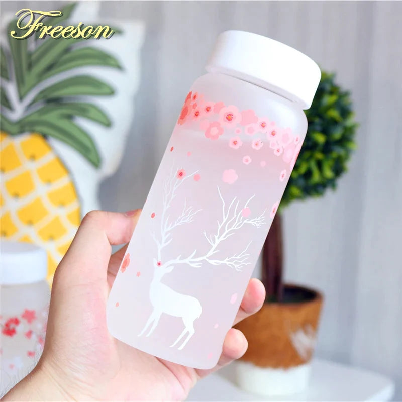 Afralia™ 430ml Swallow Frost Glass Water Bottle with Sleeve, Elk Design