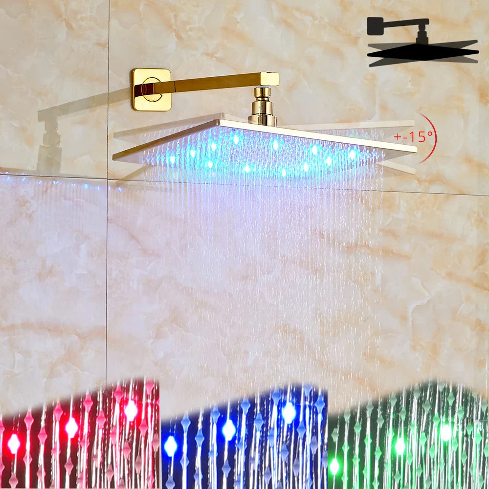 Afralia™ Golden LED Rainfall Shower Faucet with 3-way Mixer and Brass Spout