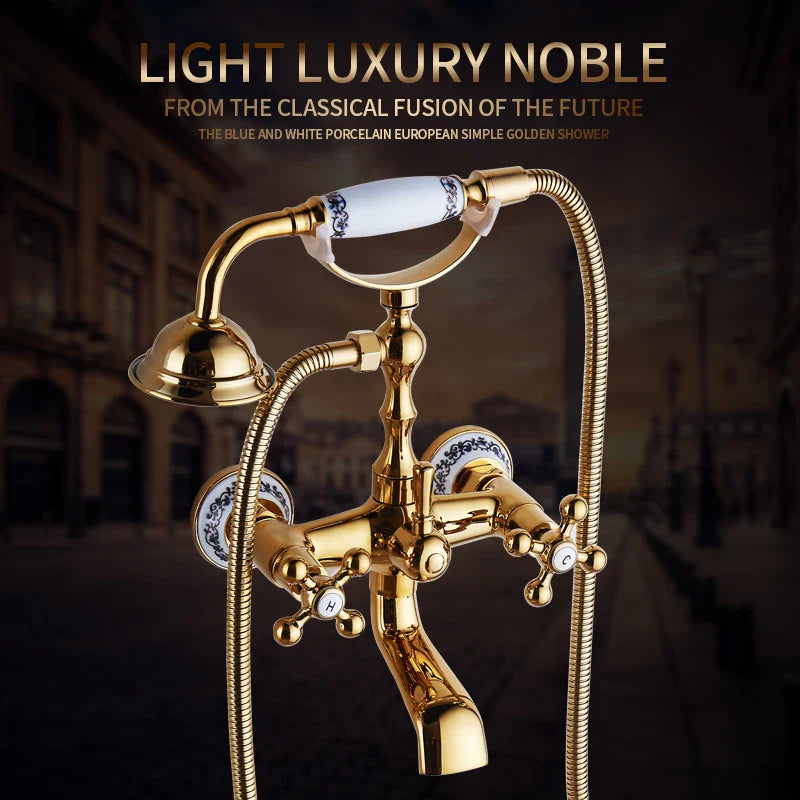 Afralia™ Gold Brass Bathroom Shower Faucet Set Single Handle Rainfall Wall Mounted